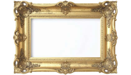 Ornate Golden Picture Frame with Intricate Carvings and Blank White Space.