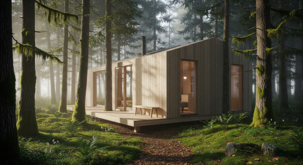 Photoreal scene of a small modern timber cabin nestled in a misty pine forest with soft dawn light and wet ground; ideal for eco‑living articles, lifestyle blogs, and calm backgrounds.