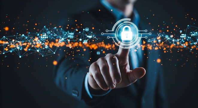 Secure online transactions with confident businessman using network protection - Powered by Adobe