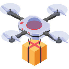 Pixel art delivery drone carrying an orange package suspended by straps against a white background symbolizing modern logistics and technology