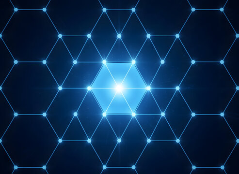 Modern blue hexagon network with glowing center for innovative tech solutions