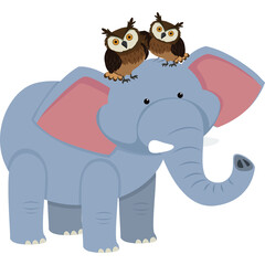Pixel Art Elephant with Two Owls Perched on its Head Against a Transparent Background With Soft Gray and Pink Tones