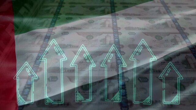 United Arab Emirates flag with Growing financial charts and diagrams showing increasing profits. Economic or stock market concept with United Arab Emirates dirham banknote.