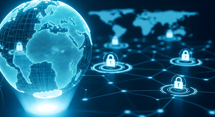 Secure global network with digital world globe and padlock icons for cyber safety