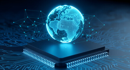 Explore global digital networks with a glowing earth on a microchip today