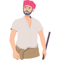 Pixel Art Farmer Wearing Pink Turban White Shirt and Brown Loincloth Holding Wooden Stick Against Transparent Background