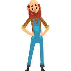 Pixel Art Farmer With Red Beard And Blue Overalls Standing Confidently On Transparent Background