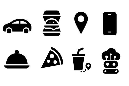 Food delivery silhouette icon set. Fast food, location, mobile icons silhouette collection
