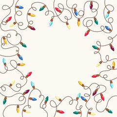 Bożonarodzeniowa ramka z kolorowych światełek. Lampki choinkowe. Świąteczna ilustracja wektorowa.