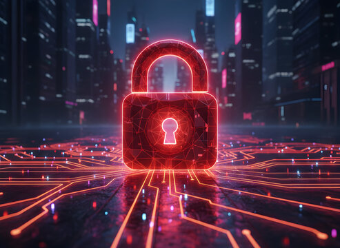Cyber security lock glowing red with futuristic city backdrop for online safety - Powered by Adobe