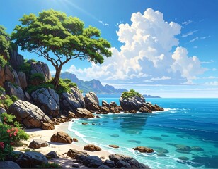 Sunny coastal landscape with turquoise water, rocky shore, and fluffy clouds