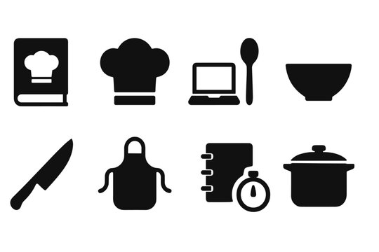 Cooking solid icon set. Kitchen tools, chef utensils icons solid collection