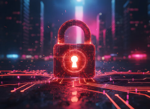 Cybersecurity padlock glows, protecting data in a vibrant digital cityscape