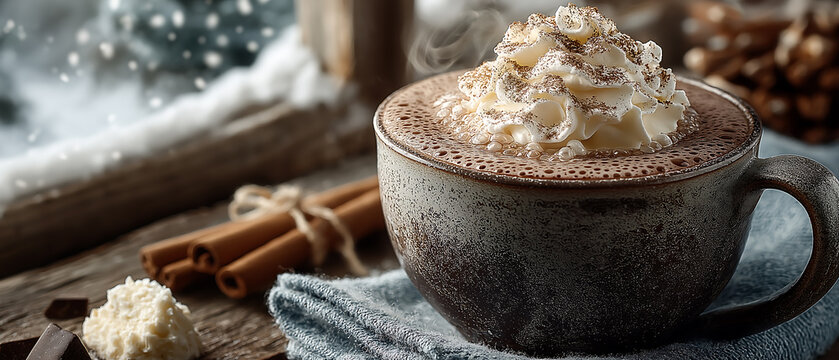 Delicious hot chocolate with whipped cream and cinnamon winter beverage