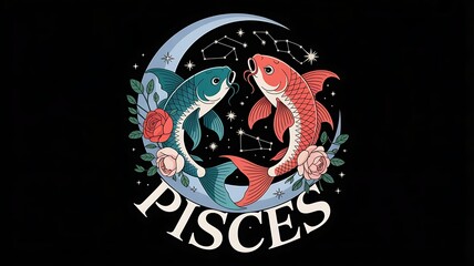 Fototapeta premium vector illustration of two mystical koi-like fish circling within a crescent moon, their bodies intertwined with roses pisces, created with generative ai