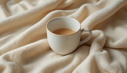 Delicate ceramic cup on creamy textured cloth