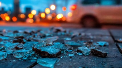 Shattered glass fragments on urban ground with city lights bokeh - Powered by Adobe