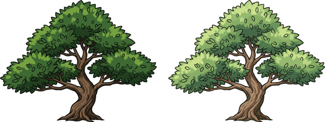 Cartoon tree, green foliage, nature art, flat vector, cad drawing, tree illustration, leaf design, landscape element, seasonal tree, stylized tree