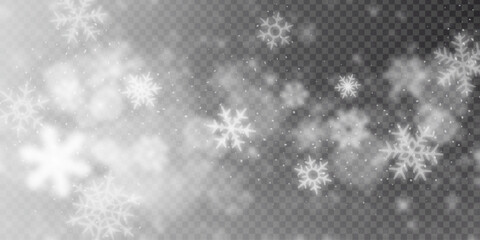 Blizzard on transparent background, snowfall and snowstorm, snow and snowflakes, vector design