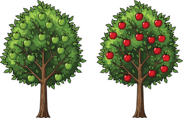 Apple tree vector, green and red apples, fruit tree illustration, orchard design, CAD drawing, flat style, seasonal foliage, nature concept