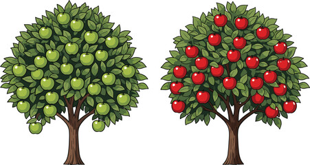 apple, tree, fruit, red, green, orchard, harvest, nature, foliage, vector, flat, CAD, drawing, illustration, seasonal