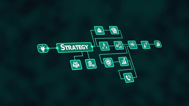 Enterprise Strategic Roadmap Diagram. Connected digital planning interface illustrating organization direction, tactical workflow, corporate development, and systematic business structure.