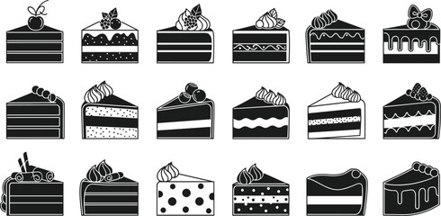 Cake slice illustration set, dessert silhouette collection, bakery sweets icons, delicious pastry designs, black and white vector cake pieces