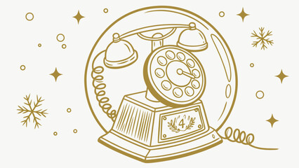 Fototapeta premium Golden vintage rotary telephone inside a snow globe with stars and snowflakes all around it design