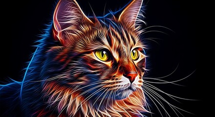 Close-up Portrait of a Tabby Cat with Fractal Neon Light Effects animal feline