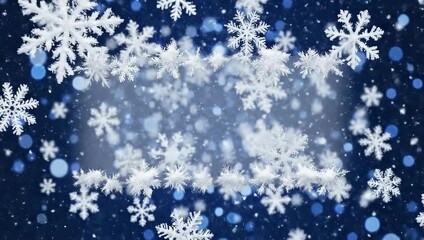 Snowflakes falling on a blue background, creating a winter wonderland effect with a central clear space for text or graphics.