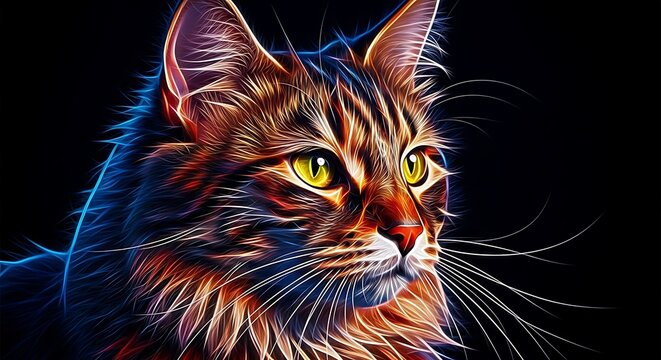 Close-up Portrait of a Tabby Cat with Fractal Neon Light Effects animal feline