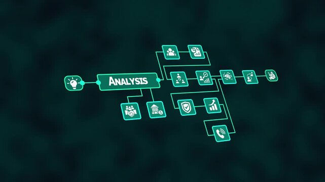 Corporate Data Analysis & Insight Diagram. Futuristic workflow interface showing data evaluation, trend reporting, performance monitoring, and measurable business intelligence.