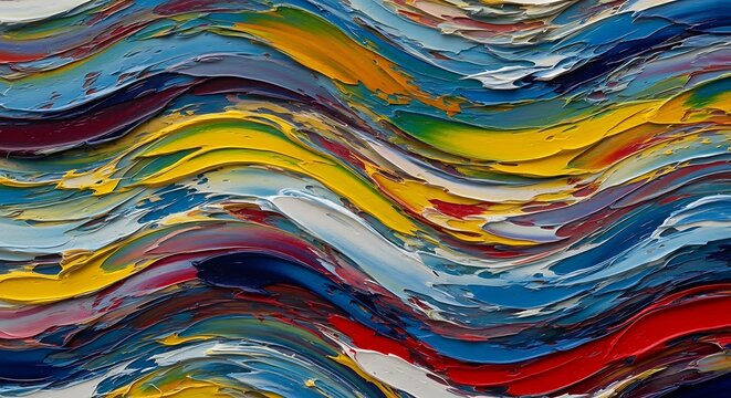 A close-up of a vibrant abstract oil painting with thick, textured, and colorful wavy lines of paint.