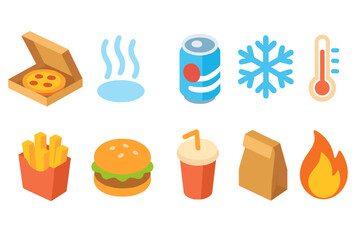 Food and drink icon set: colorful, glowing flat icons for menus and restaurants