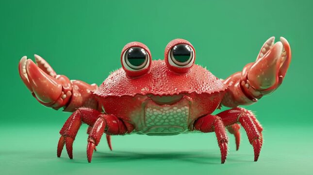 Bright red crab with big eyes moves playfully against a green background in a lively aquatic setting