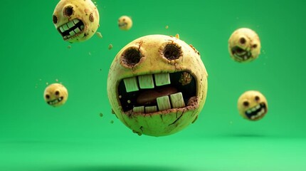 Creative animation of unique floating characters with playful expressions on a bright green background