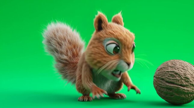 Cute animated squirrel holding a large nut in a vibrant green setting during daytime