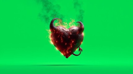 Heart on fire, showcasing a glowing devilish symbol in a vibrant green background during a creative animation session