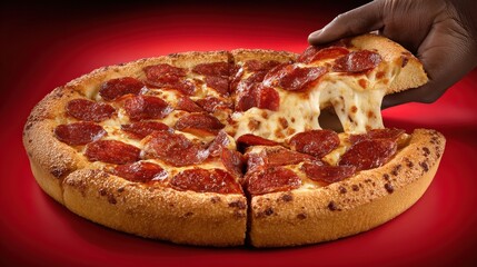 Close up shows dark skinned hand lifting a slice of thick crust pepperoni pizza revealing melted cheese pull against a red background
