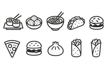 Food and cuisine line icon set. Asian, fast food, mexican, and italian outline icons