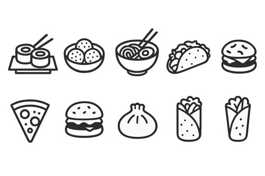 Food and cuisine line icon set. Asian, fast food, mexican, and italian outline icons