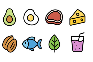 Healthy food, diet flat icon set for nutrition, keto, paleo lifestyle collection