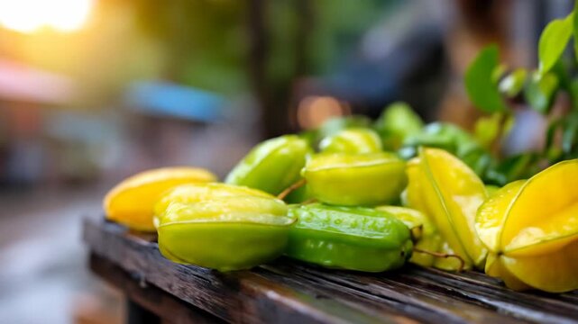 Fresh yellow green star fruit on a wooden surface and tree branch with water droplets outdoor in natural light