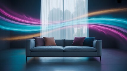 Abstract Light Trails Flowing Over a Modern Sofa couch ,  energy, flow, movement, vibrant, colorful, neon, glowing