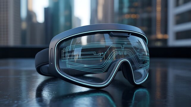 Futuristic VR goggles with glowing blue circuit patterns on lenses , futuristic, vr, goggles, virtual reality, technology,