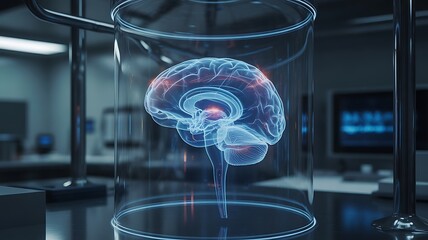 Holographic human brain model in a laboratory 3D model , science, technology, laboratory, research, 
