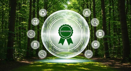 Eco-friendly certification shines in the forest, promoting sustainable practices and environmental responsibility for a greener future world