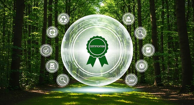 Eco-friendly certification shines in the forest, promoting sustainable practices and environmental responsibility for a greener future world