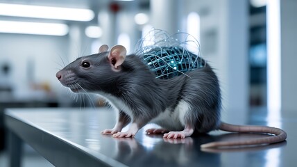 Laboratory rat with integrated cybernetic implant on its back ,  technology, futuristic, genetic, biology