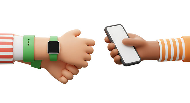 Cartoon hands interacting, one wearing a smartwatch, the other holding a smartphone.